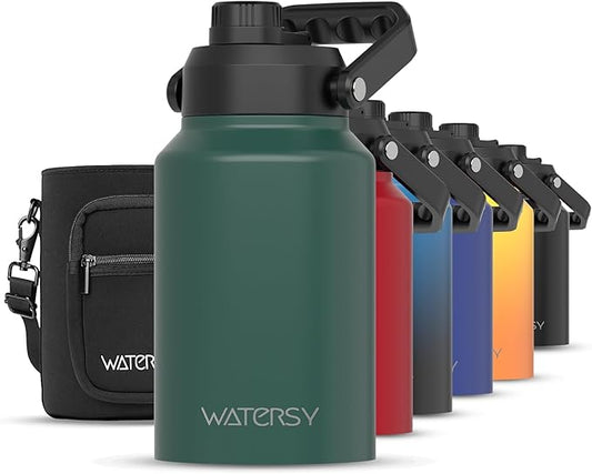 WATERSY Half Gallon Water Bottle Insulated(Cold for 48 Hrs),BPA Free&Leak Proof,64oz Stainless Steel Water Jug/Flask,Big thermo,Large Water Bottle with Handle for Gym,Hiking,Camping,Dark Green