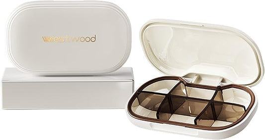 6-Compartment Pill Organizer - Small Compact Daily & Travel Pill Case Container for Vitamins, Medication and Supplements - Portable White Medicine Pill Box Holder with Stylish Cute Design