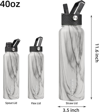 BJPKPK Insulated Water Bottles with Straw Lid, 40oz Stainless Steel Water Bottles with 3 Lids, BPA Free Leakproof Thermo, Tumblers, Cups for Sports, Gym- White Birch