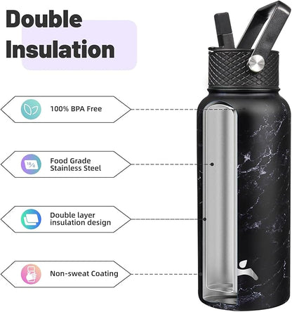32 oz Insulated Water Bottle Stainless Steel Sport Bottles with 3 Lids,Marble Midnight