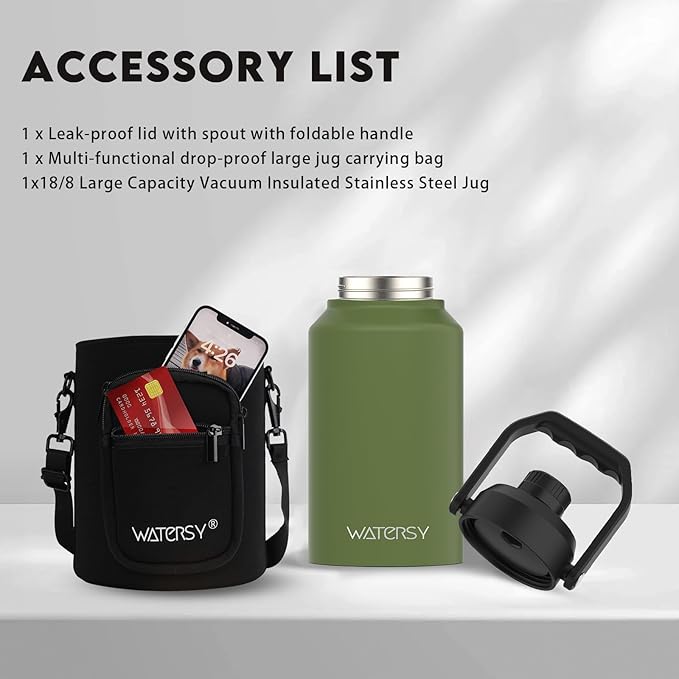 WATERSY 2/3 Gallon Water Bottle Insulated(Cold for 48 Hrs),BPA Free&Leak Proof,87oz Stainless Steel Water Jug/Flask,Big thermo,Large Water Bottle with Handle for Gym,Hiking,Camping,Olive Green