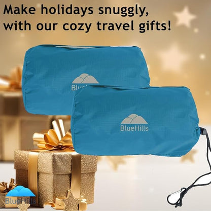 BlueHills Ultra Compact Travel Blankets for Two with Portable Carry Case Case Premium Soft Plush Large Airplane Blankets 2 Pack for Car Plane Train Hotel Layover Peacock -C204-2pk-Teal