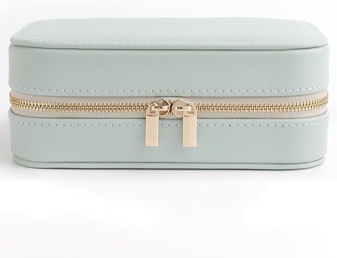 Genuine Leather Travel Jewelry Organizer Case with Mirror for Women, Small Mini Portable Jewelry Box for Ring Earrings Necklace Bracelet Luxury Gift for Women（Cyan）