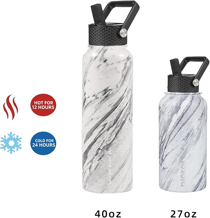 BJPKPK Insulated Water Bottles with Straw Lid, 40oz Stainless Steel Water Bottles with 3 Lids, BPA Free Leakproof Thermo, Tumblers, Cups for Sports, Gym- Marble Frozen