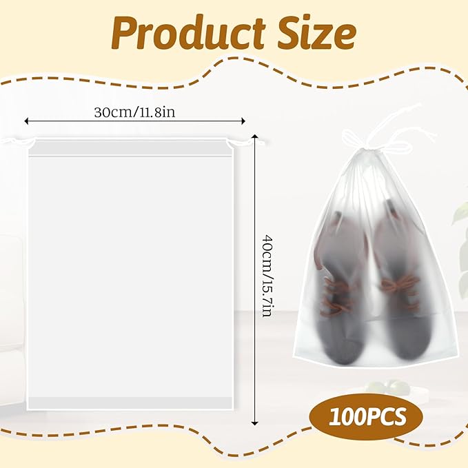 100 Pack Plastic Drawstring Bags Large Clear Shoe Bags for Storage Waterproof Dustproof Portable Shoe Storage with Rope for Packing,Men and Women, 15.7 x 11.8 inches
