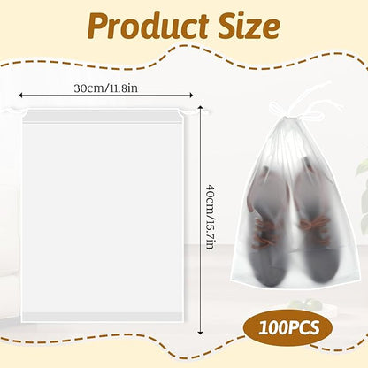 100 Pack Plastic Drawstring Bags Large Clear Shoe Bags for Storage Waterproof Dustproof Portable Shoe Storage with Rope for Packing,Men and Women, 15.7 x 11.8 inches