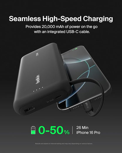 Belkin Portable Charger, Power Bank with Integrated Cable 20000 mAh 30W - Fast Charging USB C Power Delivery - iPhone 17, Air, Pro, Pro Max, iPad, AirPods, Apple Watch, Galaxy S25, & More - Black