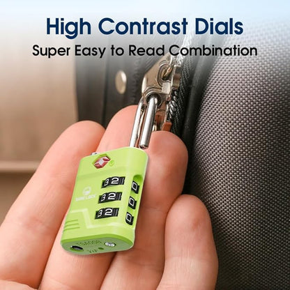 SURE LOCK TSA Locks for Luggage, TSA Approved Luggage Locks with Open Alert, 008 Key for High Security, Easy Read Dials, Zinc Alloy Body, Locker Lock for Suitcase, Gym, Travel. (Green 4 pk)