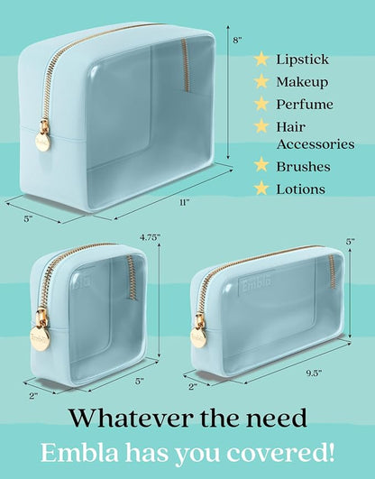 Embla Clear Cosmetic Bags Set of 3, Mini Small Large Makeup Bags For Women Clear Pouch Cosmetics Cases Zipper Cute Pouches Make Up Travel Toiletry Essentials Preppy Purse Organizer Makeup Cases, Sky