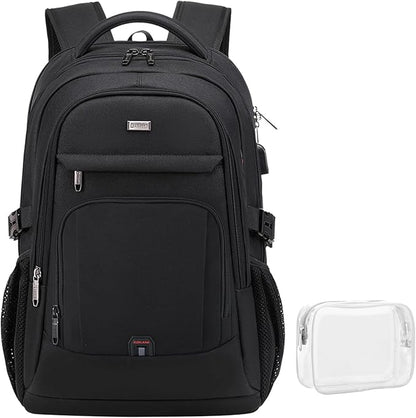 DUSLANG 17 Inch Laptop Backpack for Travel Water Resistant College Backpack for Men Women Laptop Bag with USB Charging Port Clear Cosmetic Bag,Black