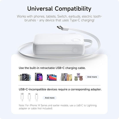 HOU 10000mAh Portable Power Bank with Retractable USB-C Cable, 35W Fast Charging, Dual Device Charging, Foldable Wall Plug, FCC/UL Certified 3 in 1 PD Charger for iPhone, Samsung, iPad, etc