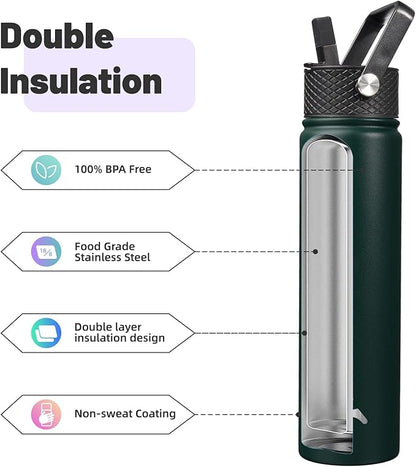 Insulated Water Bottle 24oz Stainless Steel Sport Bottles with 3 Lids,Army Green