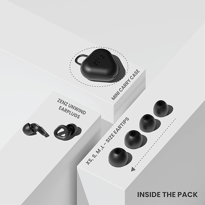 Zenz Unwind Ear Plugs for Sleeping Noise Reduction - Comfy Reusable Soft Silicone Earplugs for Focus, Study, Work - 8 Pair Eartips in XS/S/M/L - 27dB Hearing Protection with Storage Case - Onyx Black
