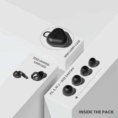 Zenz Unwind Ear Plugs for Sleeping Noise Reduction - Comfy Reusable Soft Silicone Earplugs for Focus, Study, Work - 8 Pair Eartips in XS/S/M/L - 27dB Hearing Protection with Storage Case - Onyx Black