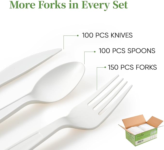 ECOLipak 350 Pcs Compostable Cutlery Set, 7 Inch Large Size Biodegradable Disposable Silverware Set 150 Forks 100 Spoons 100 Knives, Heavy Duty Bio based CPLA Utensils for Party, BBQ, Picnic