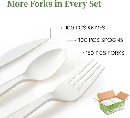 ECOLipak 350 Pcs Compostable Cutlery Set, 7 Inch Large Size Biodegradable Disposable Silverware Set 150 Forks 100 Spoons 100 Knives, Heavy Duty Bio based CPLA Utensils for Party, BBQ, Picnic