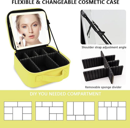 Travel Makeup Bag for Women and Makeup Artists Cosmetic Organizer Large Makeup Case,Travel Makeup Bag with Mirror 3 Color Setting,Portable Storage and Adjustable Dividers(yellow)