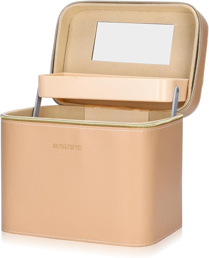 Luxury makeup box, Portable leather hard cosmetic case with mirror, cosmetic case organizer,Professional train case for women adults. (Yellow)