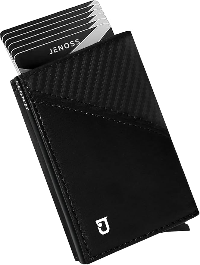 Jenoss Smart Wallet For Men: Full Grain Leather, Handcrafted, Slide Metal Pop Up Case, Slim RFID Blocking Credit Card Holder, Minimalist Compact 12 Cards Slot Organizers ID Money Clip (Black & Carbon)
