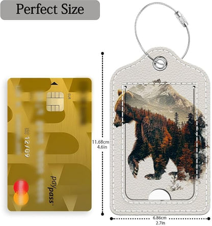 Funny PU Leather Luggage Tags 2-Pack Autumn Forest Bear Cute Pattern Suitable for Suitcase Stainless Steel Loop and Address Card Essential for Cruise and Airport Travel for Men and Women