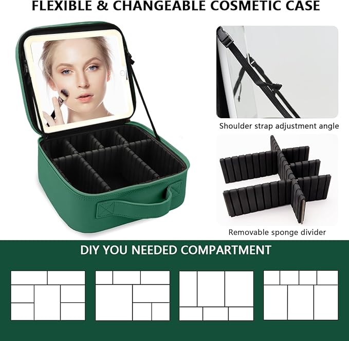 Travel Makeup Bag for Women and Makeup Artists Cosmetic Organizer Large Makeup Case,Travel Makeup Bag with Mirror 3 Color Setting,Portable Storage and Adjustable Dividers(Dark green)