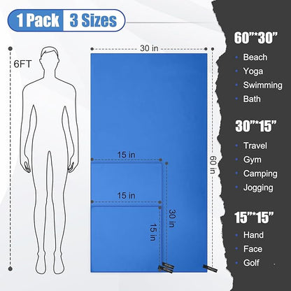 Quick Dry Travel Towel, 3 Sizes 1 Pack Camping Microfiber Towel, Lightweight Fast Drying Towels Set 60"x30", 30"x15", 15"x15" w/Bag for Gym, Beach, Hiking, Swimming, Dark Blue