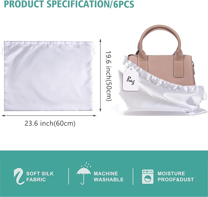6 Pack Dust Bags for Handbags, Shoe Dust Bags for Purses, Silk Cotton Purse Cover Storage Bag(White, L-23.6 × 19.6 in)
