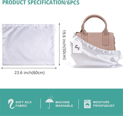 6 Pack Dust Bags for Handbags, Shoe Dust Bags for Purses, Silk Cotton Purse Cover Storage Bag(White, L-23.6 × 19.6 in)