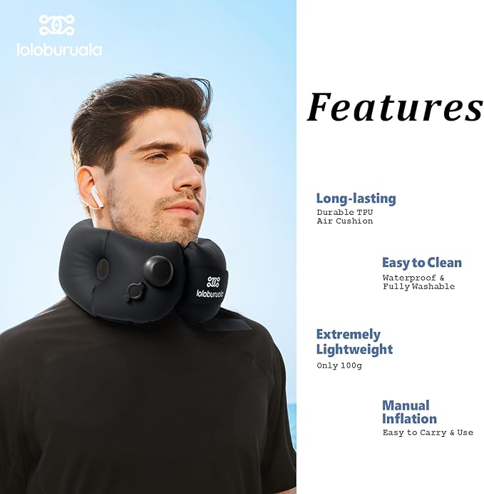 Inflatable Neck Pillow, Portable Travel Neck Pillow for Long Flight, Storable Black Neck Pillows with Washable Cover, Adjustable Air-Fill Support