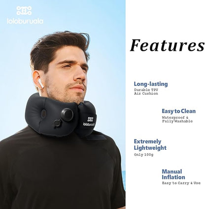 Inflatable Neck Pillow, Portable Travel Neck Pillow for Long Flight, Storable Black Neck Pillows with Washable Cover, Adjustable Air-Fill Support