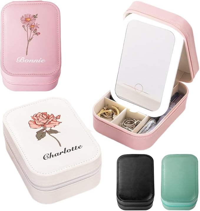Custom Name Travel Makeup Bag with Led Mirror Cute Small Makeup Bags for Women Teen Girls Mom Personalized Birth Flower Jewelry Makeup Box Organizer with Light Up Mirror Floral Makeup Case Make Up Bag