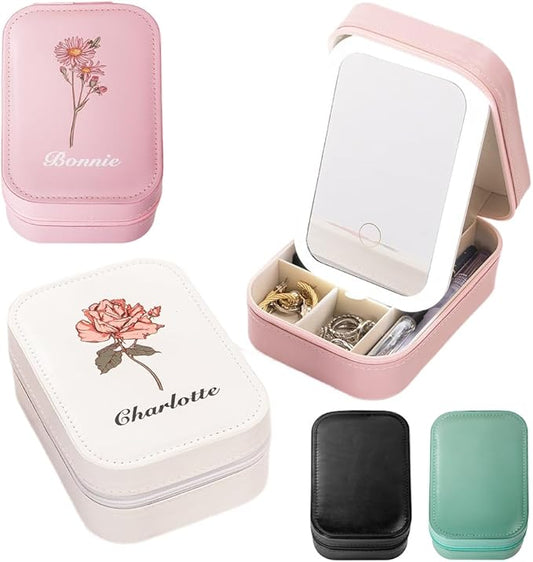 Custom Name Travel Makeup Bag with Led Mirror Cute Small Makeup Bags for Women Teen Girls Mom Personalized Birth Flower Jewelry Makeup Box Organizer with Light Up Mirror Floral Makeup Case Make Up Bag