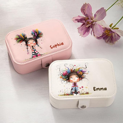 callie Personalized Quirky Girl Jewelry Box - Custom Name & 15 Pattern, 2 Layer PU Leather Travel Makeup Box Organizer Case, Birthday Christmas Gift for Women Girls