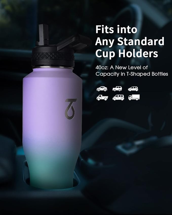 Trebo 40oz Insulated Water Bottle that Fits in Cup Holder, Stainless Steel Double Wall Tumbler Bottles with Paracord Handle, Flask with Straw Spout Lids, Keep Cold for 48 Hrs/Hot 24 Hrs,Cotton Candy