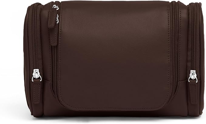 Leatherology Brown Small Hanging Toiletry Kit – Compact Leather Travel Organizer with Interior Zip Pockets, Mesh Pouches & Hanger | Full-Grain Leather Toiletry Bag for Men & Women