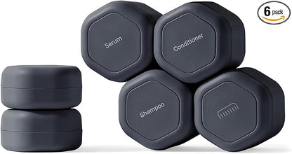 Cadence Travel Containers - 6 Piece Haircare Set - Magnetic Travel Capsules - 2 Small & 4 Medium Capsules - Shampoo, Conditioner, Leave-In Conditioner, Comb, Hair Serum, Hair Gel Labels - Charcoal