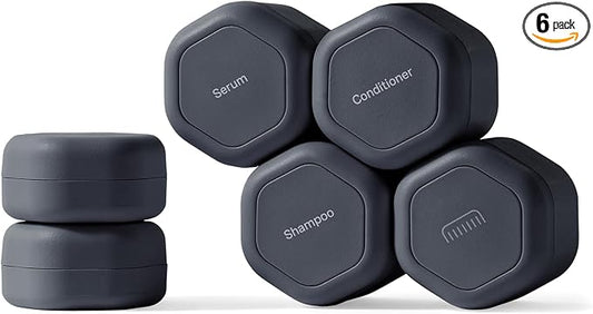 Cadence Travel Containers - 6 Piece Haircare Set - Magnetic Travel Capsules - 2 Small & 4 Medium Capsules - Shampoo, Conditioner, Leave-In Conditioner, Comb, Hair Serum, Hair Gel Labels - Charcoal
