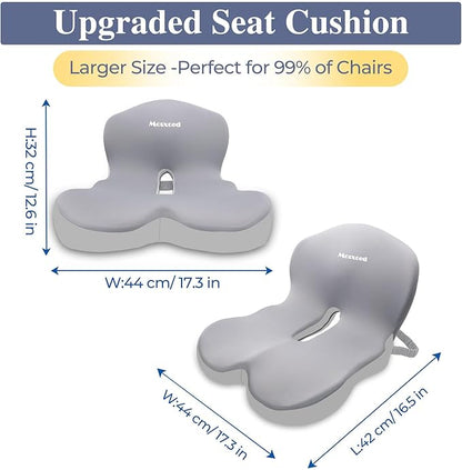 Memory Foam Seat Cushion for Sciatica & Back Pain Relief - Ergonomic Chair Pad with Adjustable Strap & Supportive Comfort Cover, Non-Slip for Car, Truck, Office Chair - Light Gray