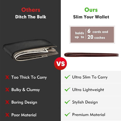 Genuine Leather Slim Bifold Wallet for Men, RFID Blocking Minimalist Design with ID Window and 6 Card Slots (Brown)