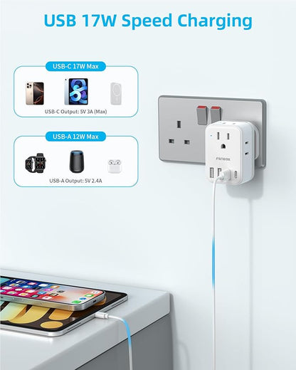 International Power Adapter Set, US to Worldwide Universal Travel Adapter- 4 AC Outlets 4 USB Ports (2 USB C), Type C/G/A/I/D/M Detachable Charger Plug for EU/UK/AUS/Japan/South Africa