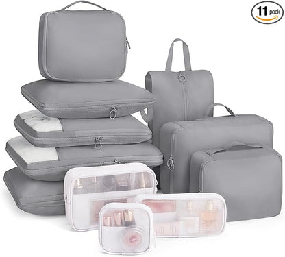 Compression Packing Cubes 11 Set, Expandable Suitcase Organizers, Gray Luggage Bags
