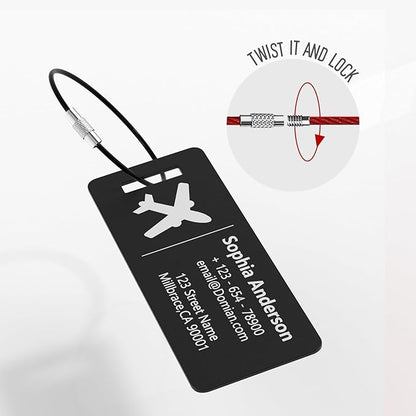 4 Personalized Metal Luggage Tags, Laser Engrave Name and Logo, Custom Aluminum Suitcase Tags with Steel Ring, for Travel, Backpack, Baggage (Black)