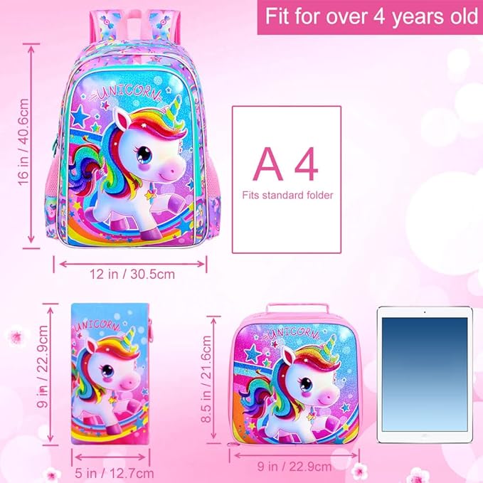WZLVO 3PCS Kids Backpack for Girls, 16'' Girls Unicorn Backpacks with Lunch Box, Cute Animal Water Resistant School Bag Set for Elementary Kindergarten Toddler