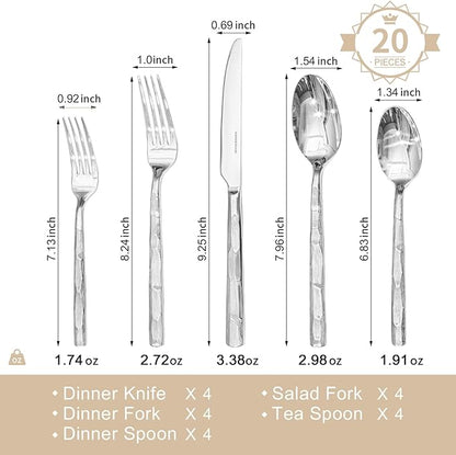 KINGSTONE Silverware Set, 20-Piece 18/10 Stainless Steel Brushed Handle Flatware Cutlery Set, for Kitchen, Home, Party, Wedding Gift, Rust Resistant and Dishwasher Safe