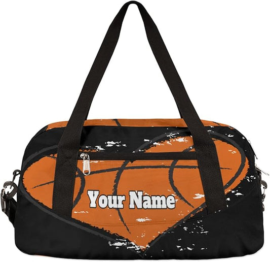 AUUXVA Custom Your Name Heart Shape Basketball Sports Personalized Text Gym Duffle Bag for Kids,Sports Bag for Teens Boys & Girls Small Waterproof Overnight Weekender Carry School Practice Travel Bag