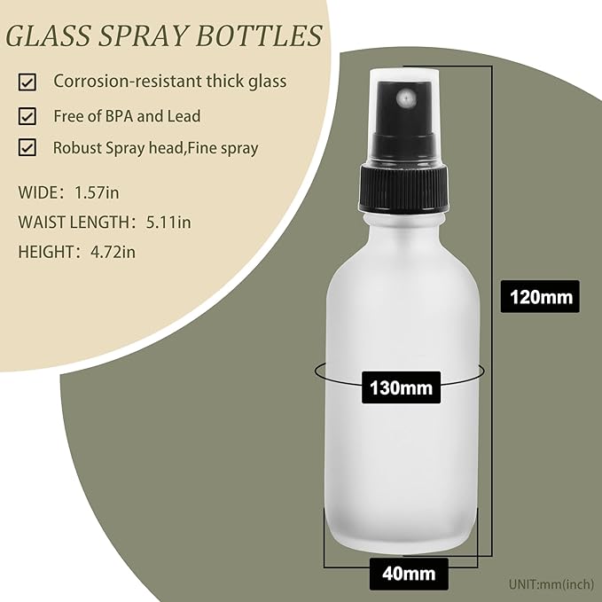 Green Glass Small Spray Bottles 2 oz 24 Packs,Fine Mist Sprayer Pretty Finish,Refillable Containers mini spray bottles for Cleaning Solutions and Skin Care (Clear Frosted 24Pack)