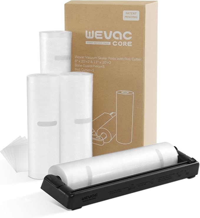 Rolls with Dispenser - 4 Pack 2 Rolls 8"x20' & 2 Rolls 11"x20', Vacuum Sealer Bags, Leakproof Heavy Duty Food Storage for Sous Vide, Meal Prep, Freezer, Compatible with Food Saver, Wevac Core