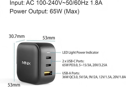 MINIX 66W Turbo 3-Port GaN Wall Charger 2 x USB-C Fast Charging Adapter, 1 x USB-A Quick Charge 3.0, Compatible with MacBook Pro Air, iPad Pro, iPhone 16/15/13/12/11, Galaxy S9 S8 and More (NEO P1)