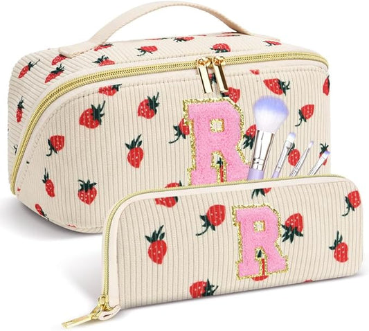 Personalized Travel Makeup Bag Set,Initial Travel Strawberry Makeup Organizer Bag,Toiletry Skincare Cosmetic Bag,Christmas Gifts for Women/Girls,Open Flat Toiletry Pouch with Brush Pocket-R