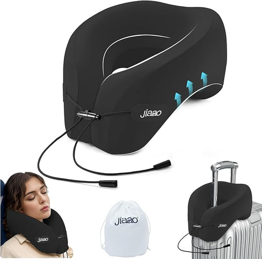 jiaao Memory Foam Travel Neck Pillow for Airplane- 360° Ergonomic Head and Neck Support for Flight, Car, Train, Bus - Soft Travel Pillow for Side & Back Sleepers with Travel Pouch（Black）